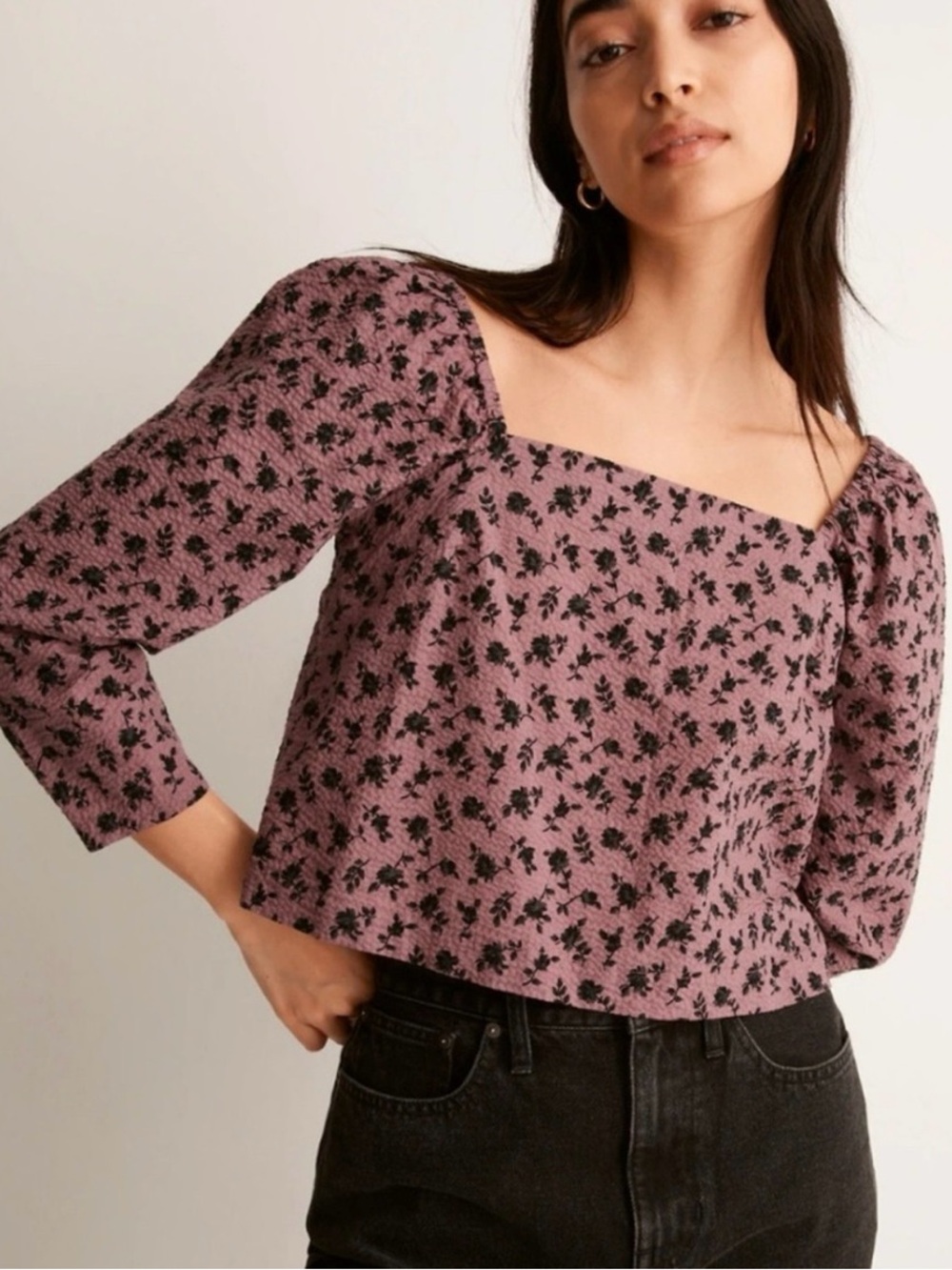 Madewell Purple Floral Square-Neck Puff Sleeve Blouse